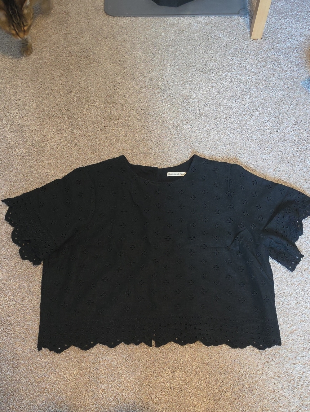 Abercrombie & Fitch Black Eyelet Linen Blouse, Boxy, Cropped